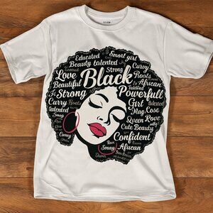Black Queen Afro Word Art T-Shirt – Empowering & Stylish